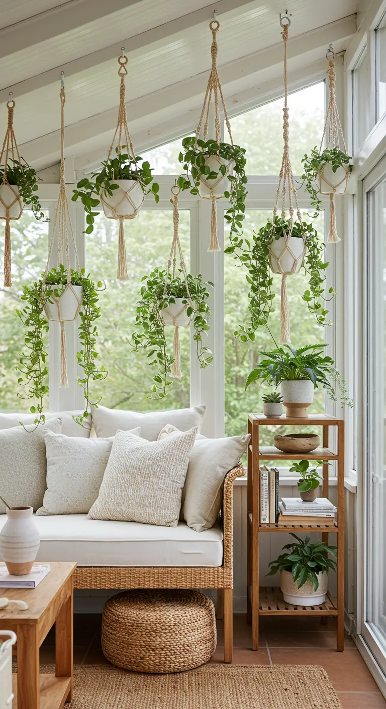 Véranda lumineuse avec un canapé en rotin, étagère en bois et de nombreux pots blancs suspendus de plantes vertes.