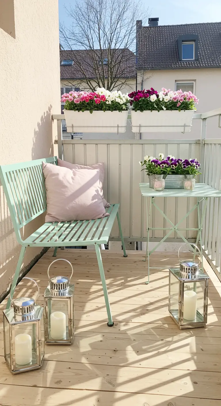 Balcon pastel avec chaise et table menthe, jardinières fleuries et lanternes en verre sur plancher bois.
