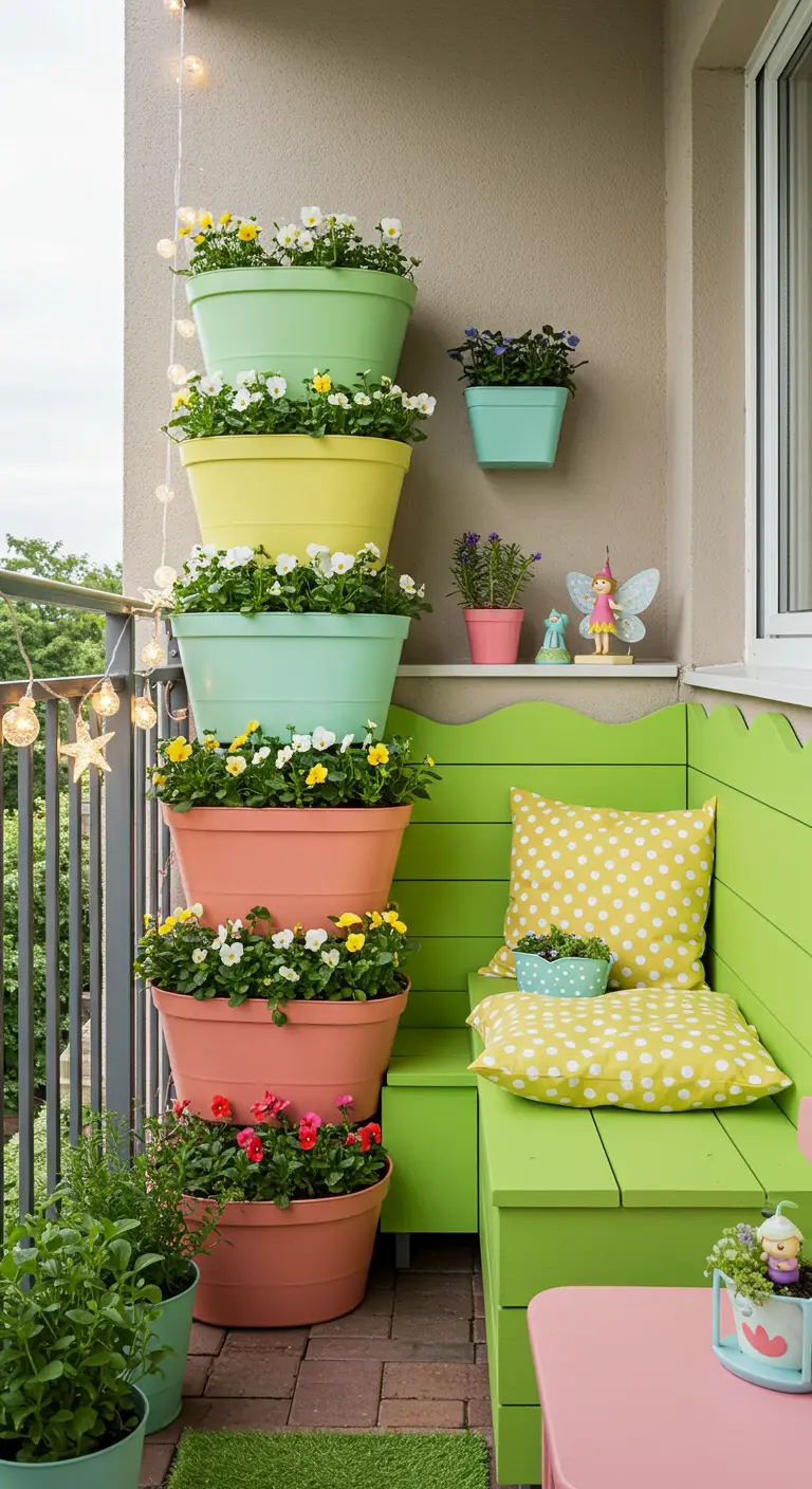 Balcon pastel avec jardinières empilées, fleurs colorées et banquette verte.