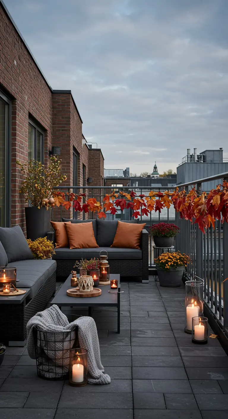 Grand balcon urbain avec canapé d'angle, coussins orange, guirlande de feuilles, lanternes et bougies.