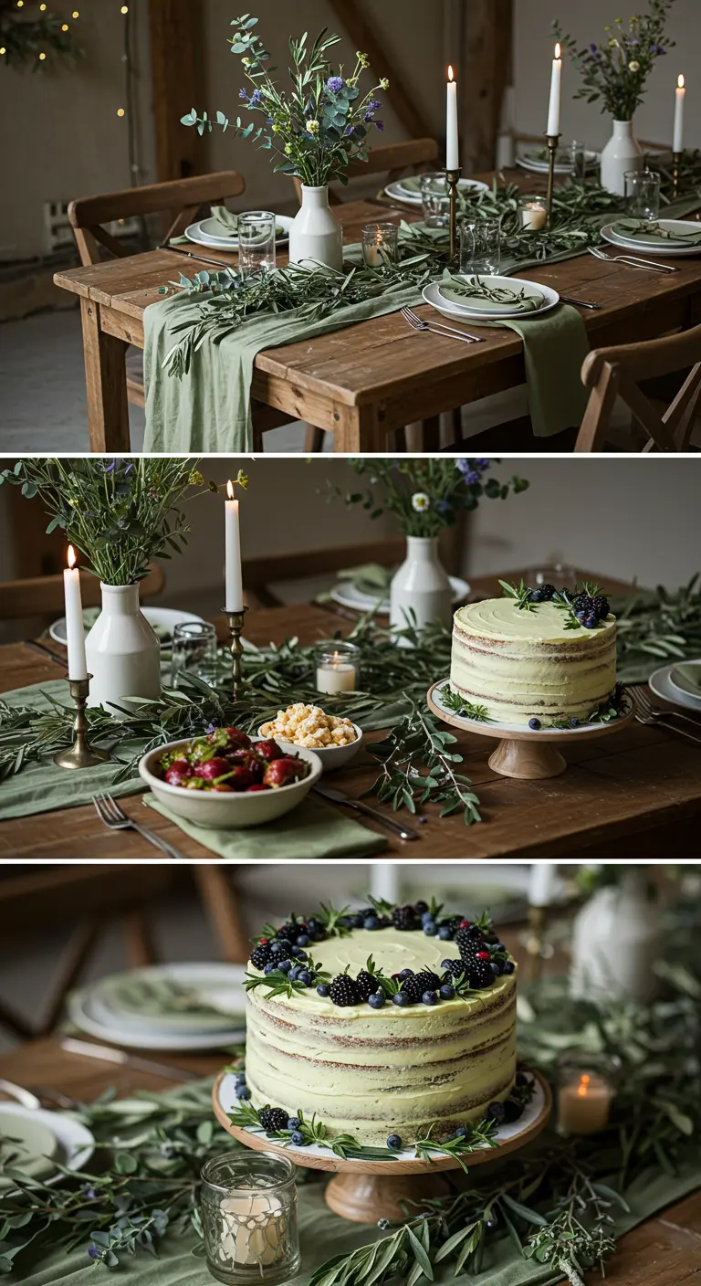 Table en bois décorée de vert sauge, eucalyptus, bougies, un gâteau avec des baies et pop-corn.