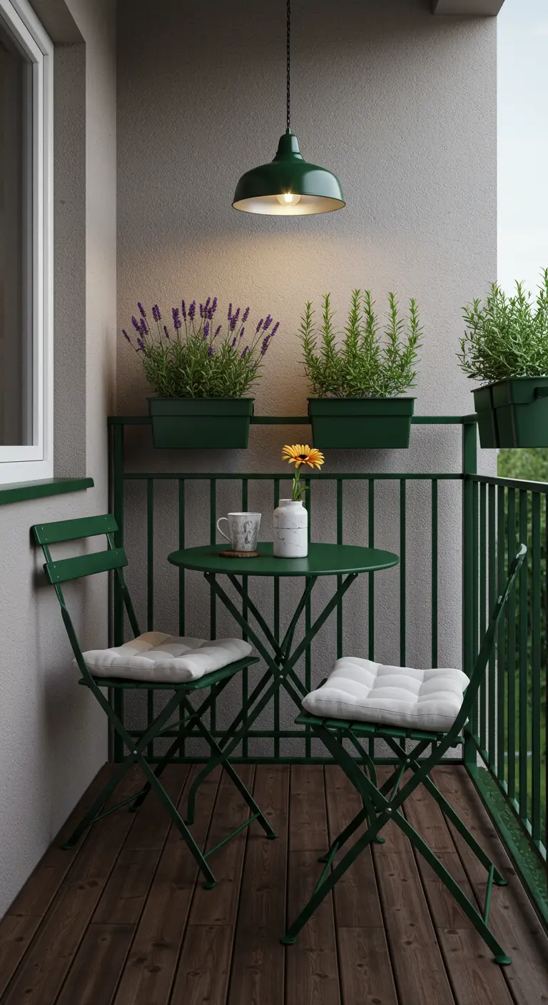 Balcon vert et gris avec table et chaises pliantes vertes, pots de lavande et herbes aromatiques.