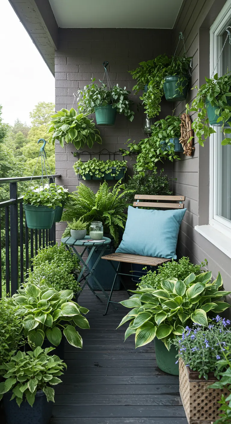 Balcon vert avec hostas, fougères en pots verts, table et chaise pliantes, coussin bleu ciel.