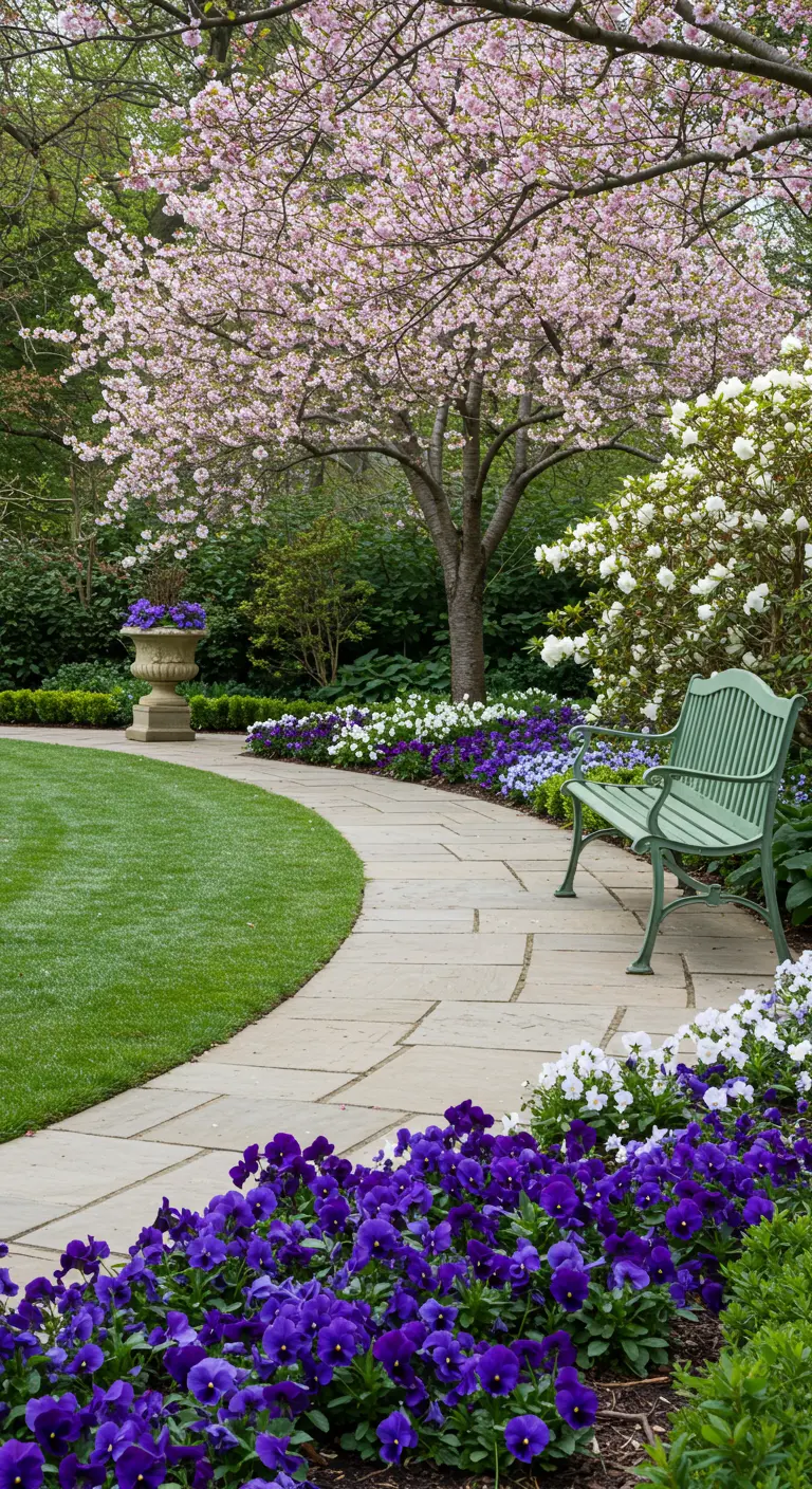 Chemin pavé sinueux bordé de pensées violettes, avec un cerisier en fleurs et un banc vert.