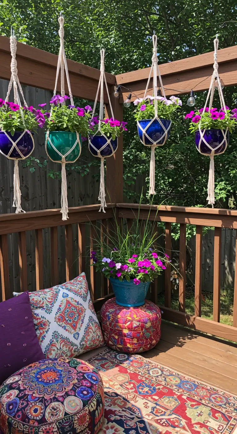 Pots bleus et verts suspendus en macramé avec des pétunias violets sur une terrasse en bois.