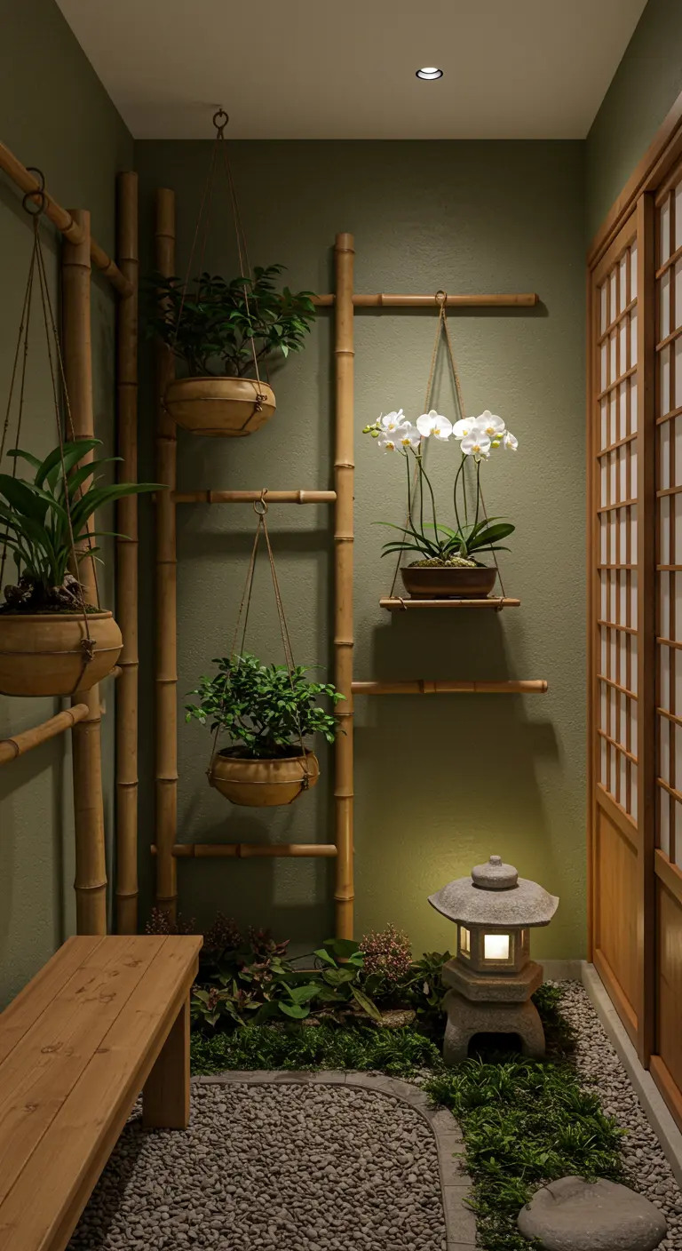 Balcon zen avec treillis en bambou, suspensions de plantes et lanterne en pierre
