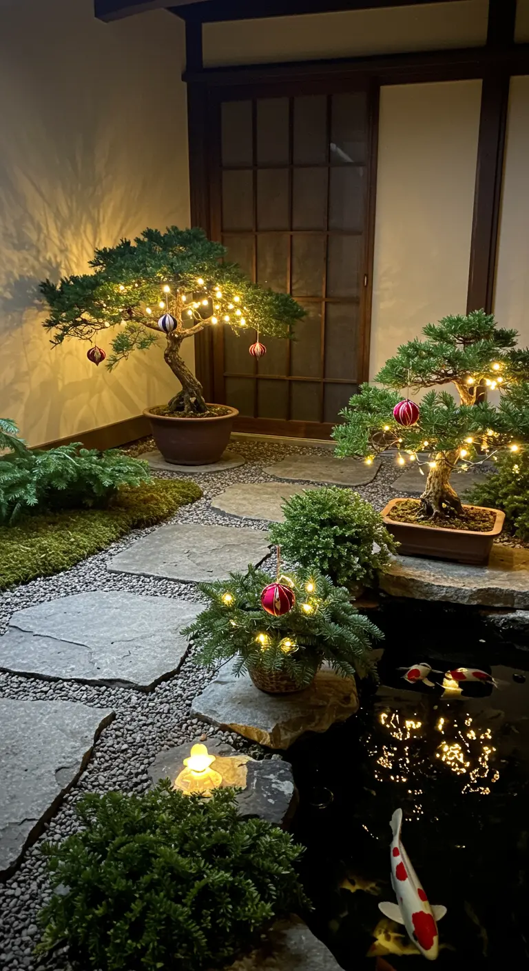 Jardin japonais minimaliste avec bonsaïs illuminés, boules rouges, étang de koi et chemin de dalles.