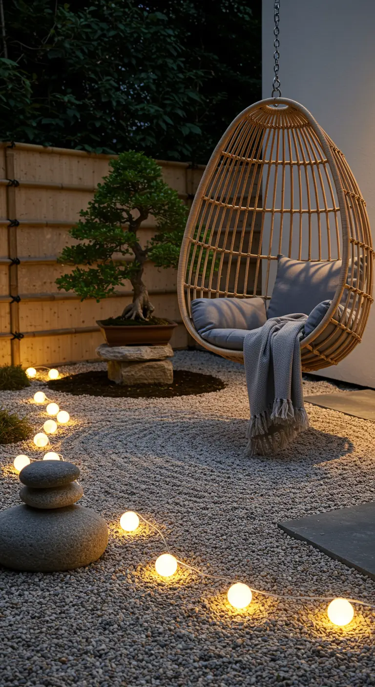 Fauteuil œuf en rotin dans un jardin zen, gravier, bonsaï, pierres empilées et guirlandes lumineuses.