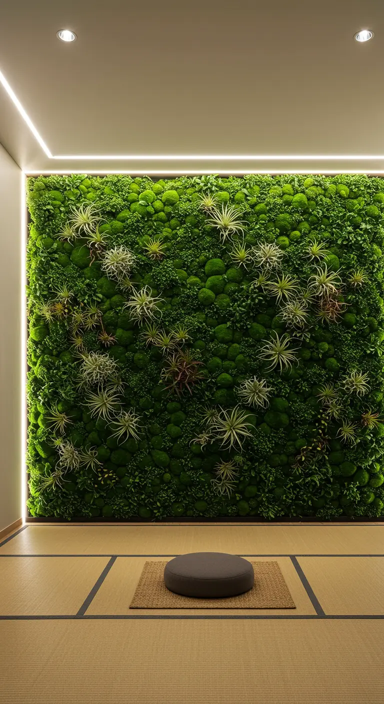 Mur végétal de mousse et tillandsias avec éclairage LED, tatamis et coussin zafu.