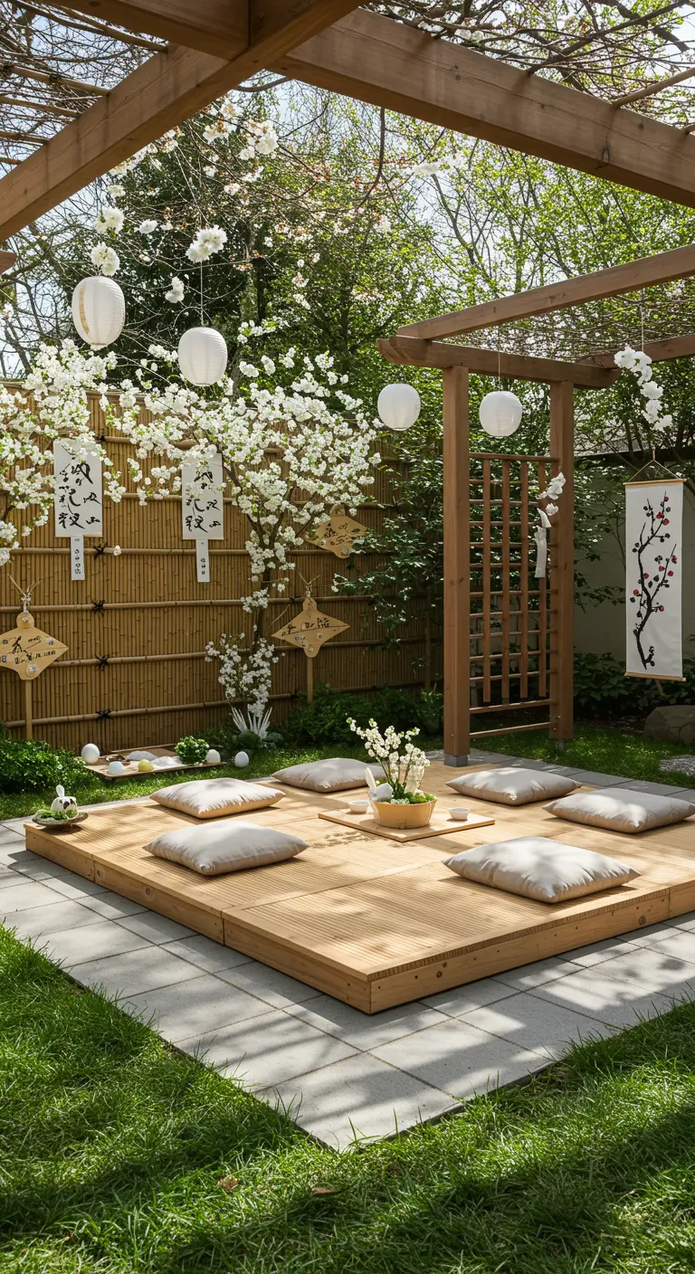 Salon de jardin d'inspiration japonaise avec plateforme en bois, coussins, bambous, cerisiers en fleurs et lampions.