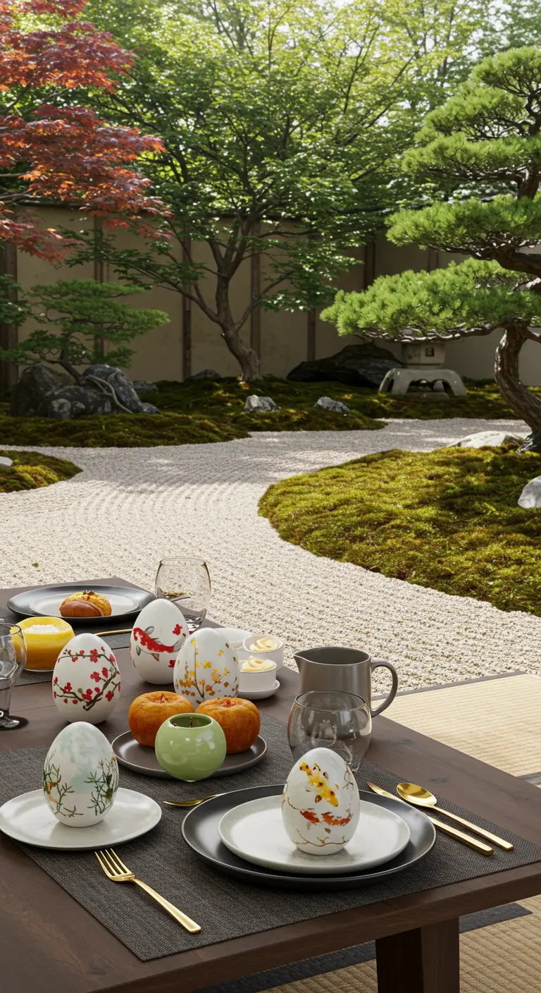 Table extérieure zen dans un jardin japonais avec œufs décorés de motifs délicats.