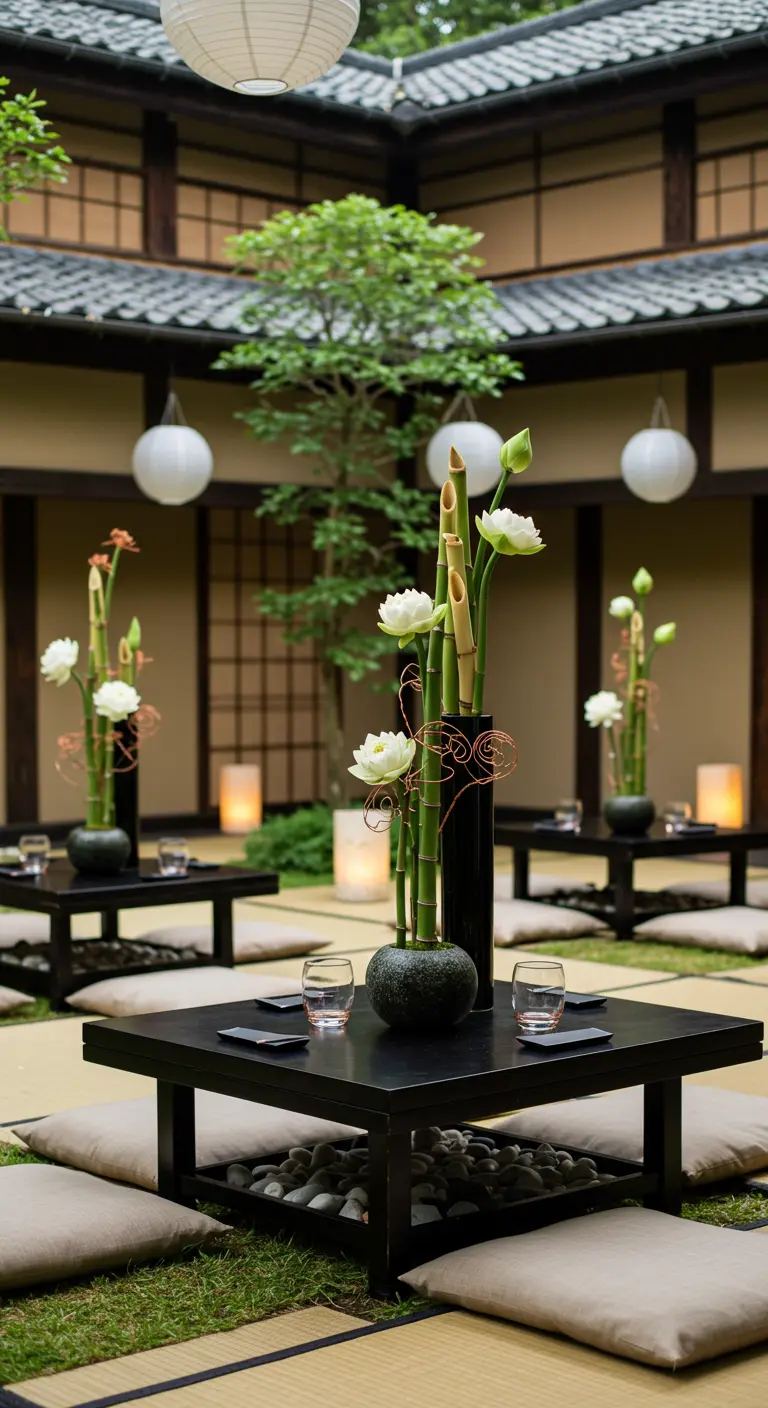 Cour intérieure japonaise avec des tables basses, coussins au sol et centres de table de bambou et fleurs de lotus dans des vases sombres.