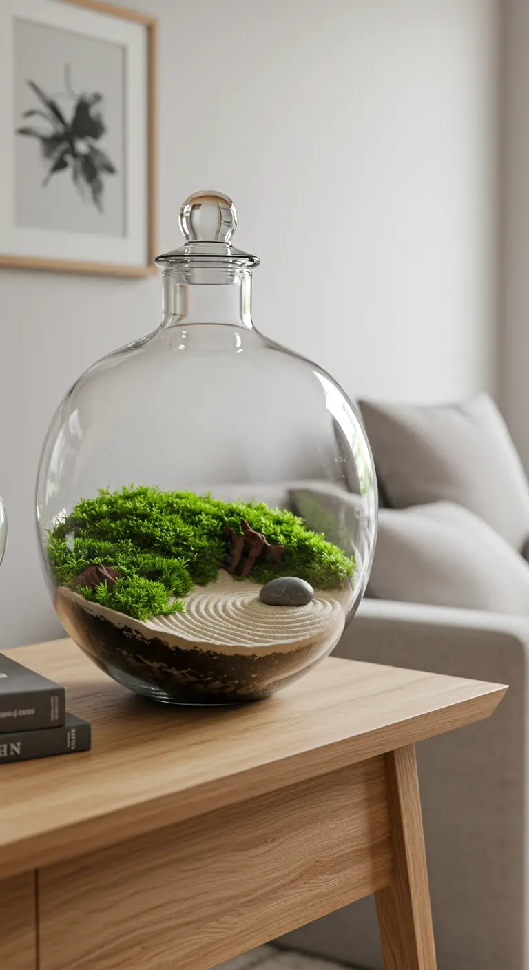 Terrarium zen miniature avec sable ratissé, mousse verte et une pierre lisse dans un bocal rond en verre.