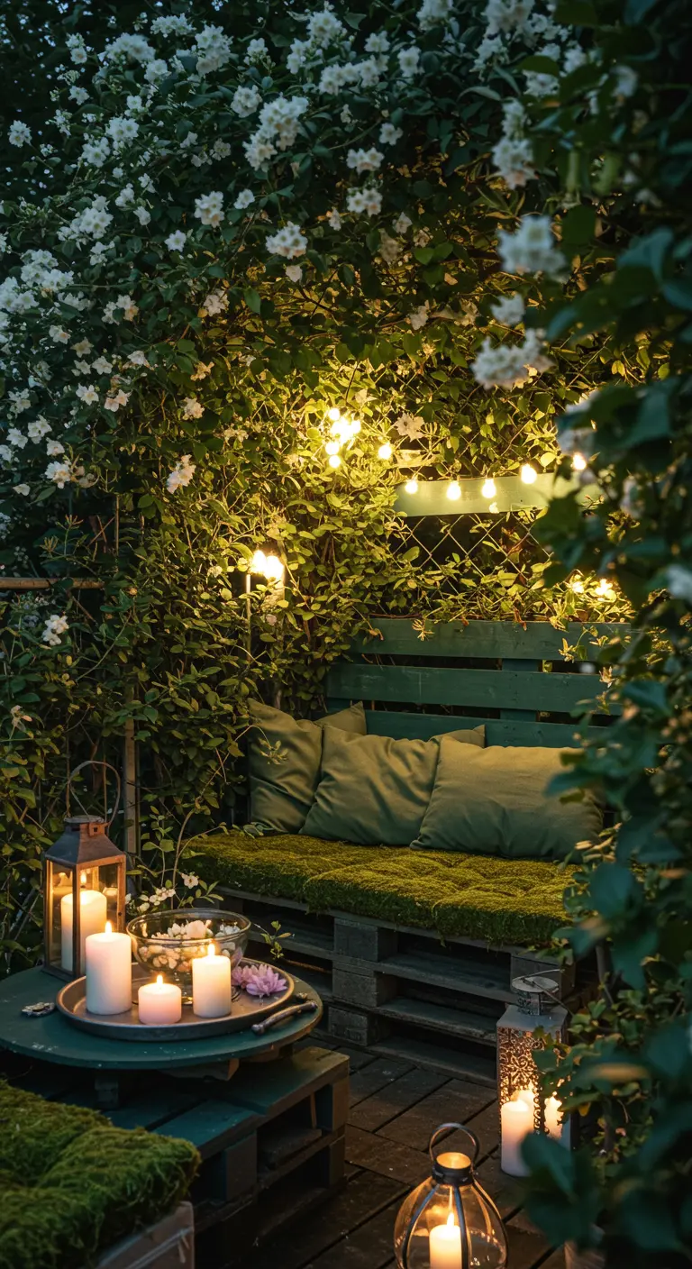 Balcon verdoyant et intime avec un banc en palettes vert foncé, coussins, guirlandes lumineuses et de nombreuses bougies.