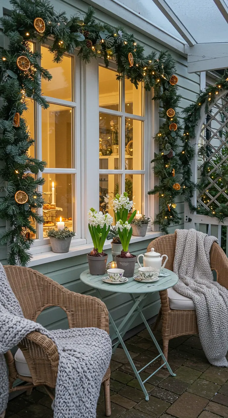 Petit patio avec table bistro, chaises, guirlandes d'oranges séchées et jacinthes.
