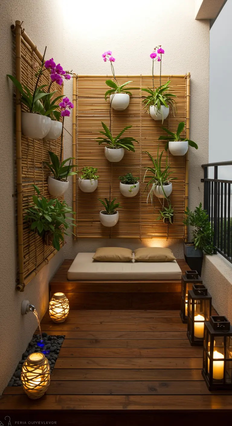 Balcon zen avec murs en bambou, orchidées murales, banc bas, lanternes et fontaine d'eau.