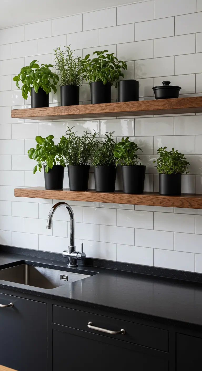 Herbes aromatiques dans des pots noirs mats sur des étagères en bois au-dessus d'un évier.