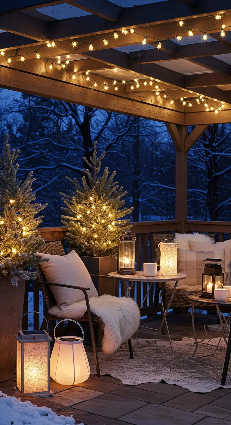 Terrasse enneigée avec sapins illuminés, guirlandes et lanternes blanches d'hiver.