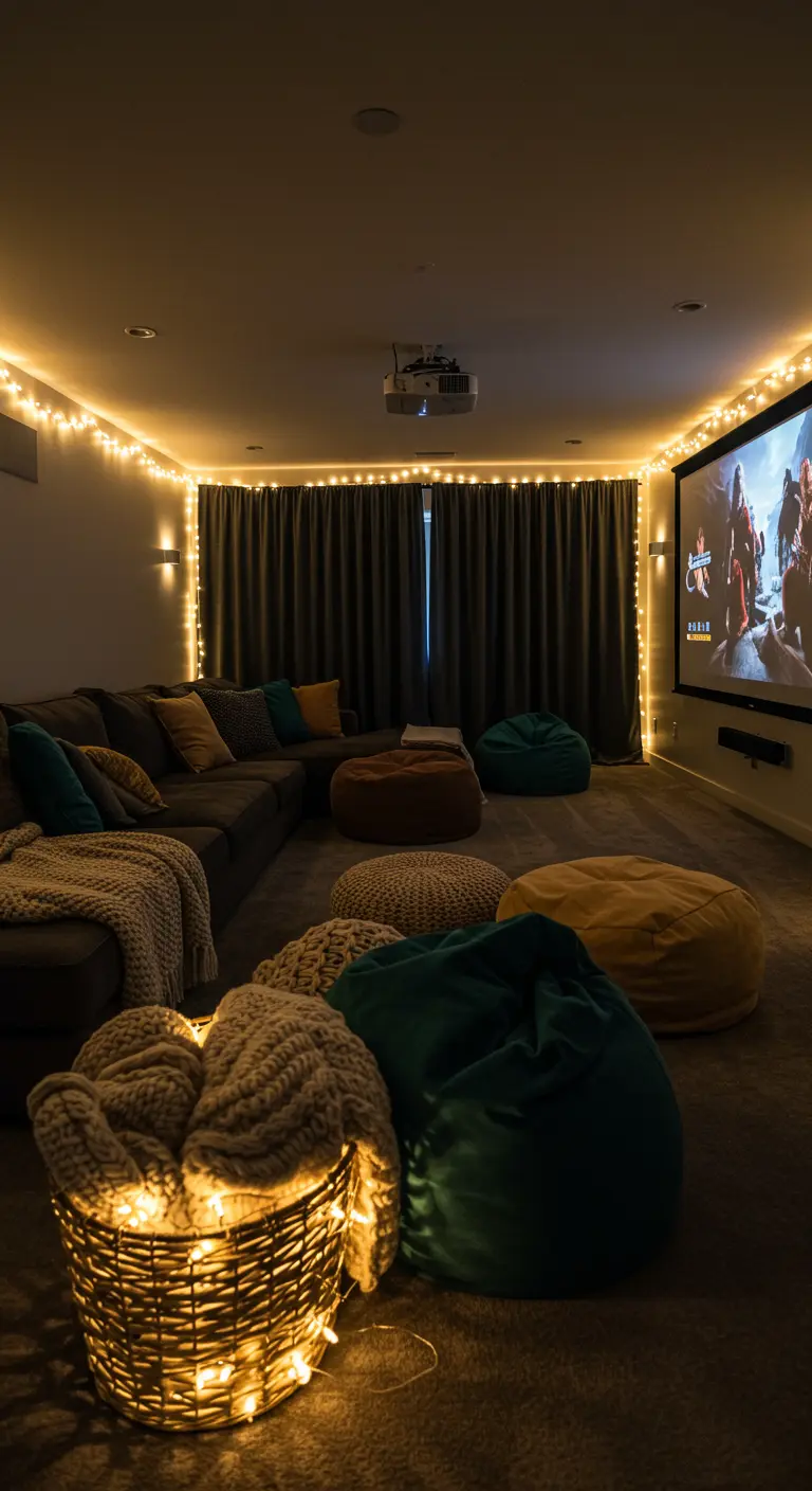 Salle de home cinéma avec canapé confortable et guirlandes lumineuses le long du plafond.