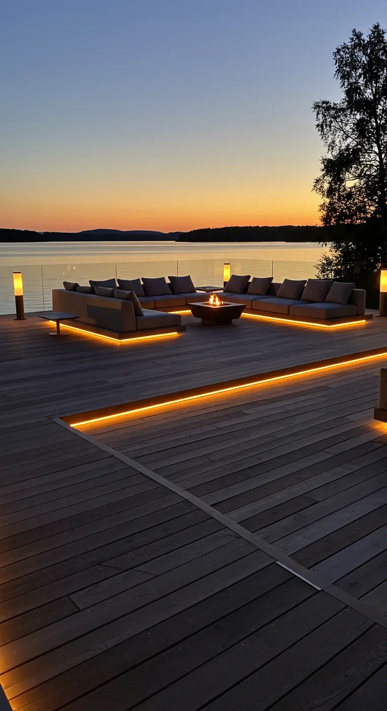 Terrasse au bord d'un lac avec salon de jardin, foyer et éclairage LED linéaire au sol.