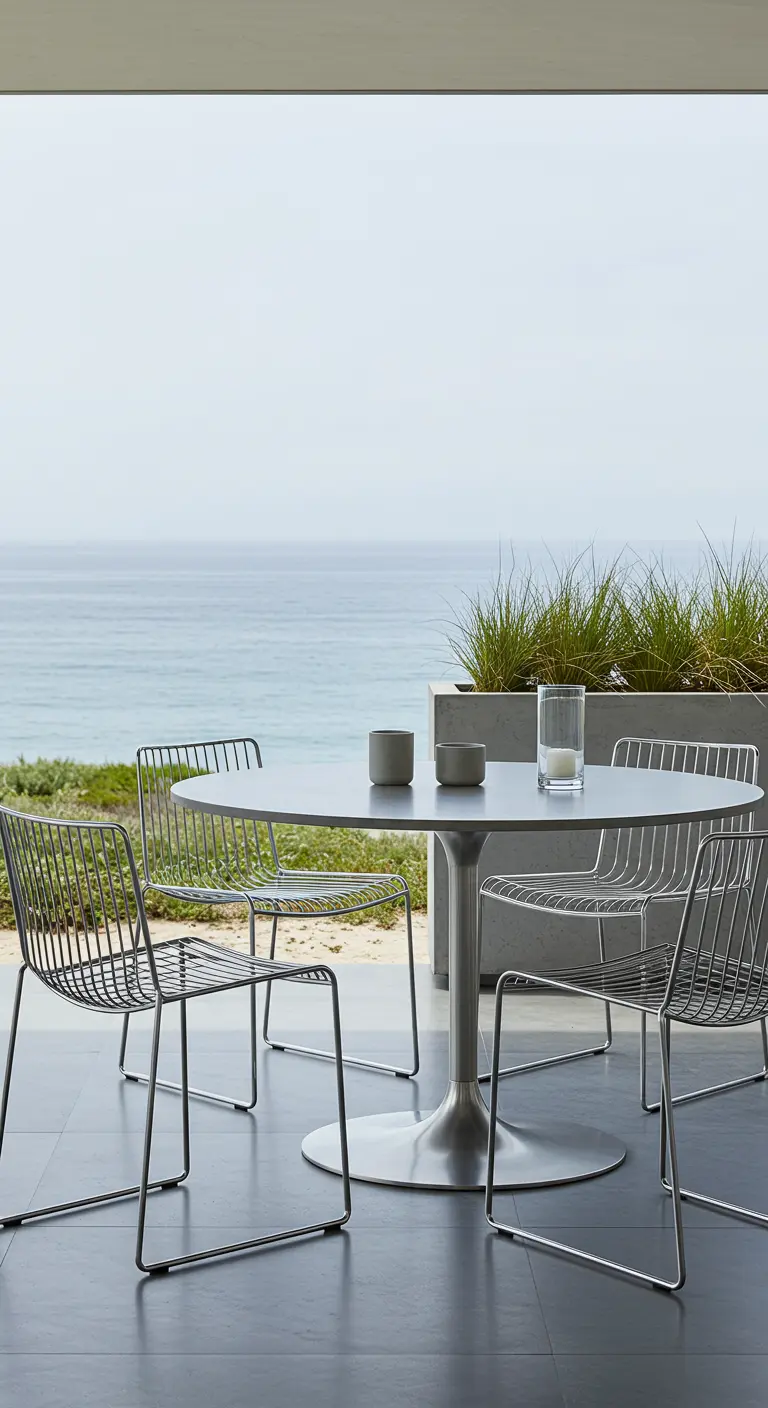 Table ronde en béton et chaises en acier filaire sur une terrasse avec vue sur la mer.