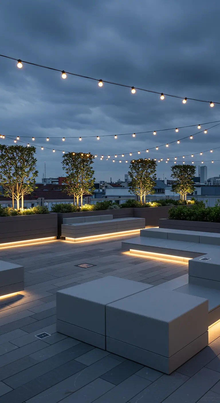 Toit-terrasse moderne avec bancs et jardinières éclairés par des bandes LED, et guirlandes lumineuses aériennes.