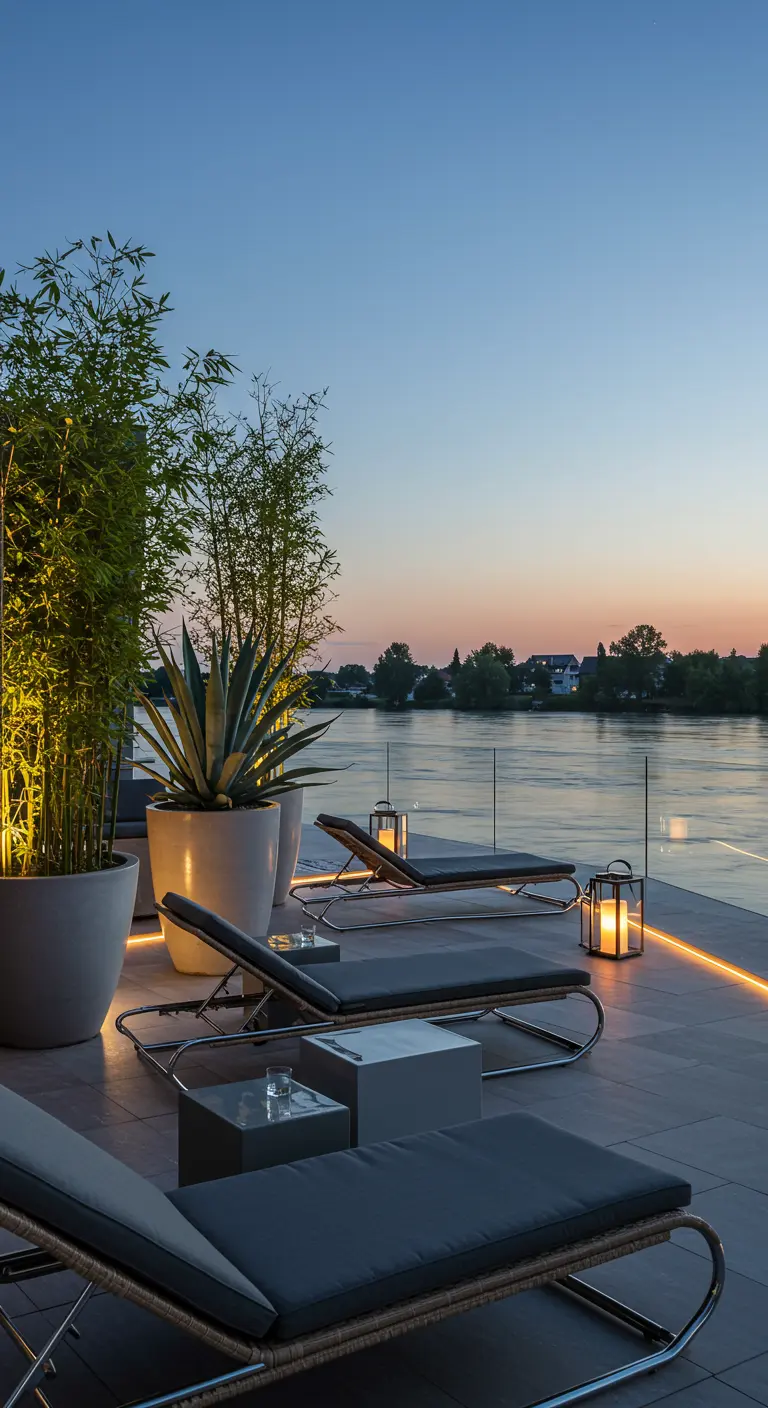 Terrasse moderne en bord de fleuve avec chaises longues, bambous, agaves et éclairage linéaire.