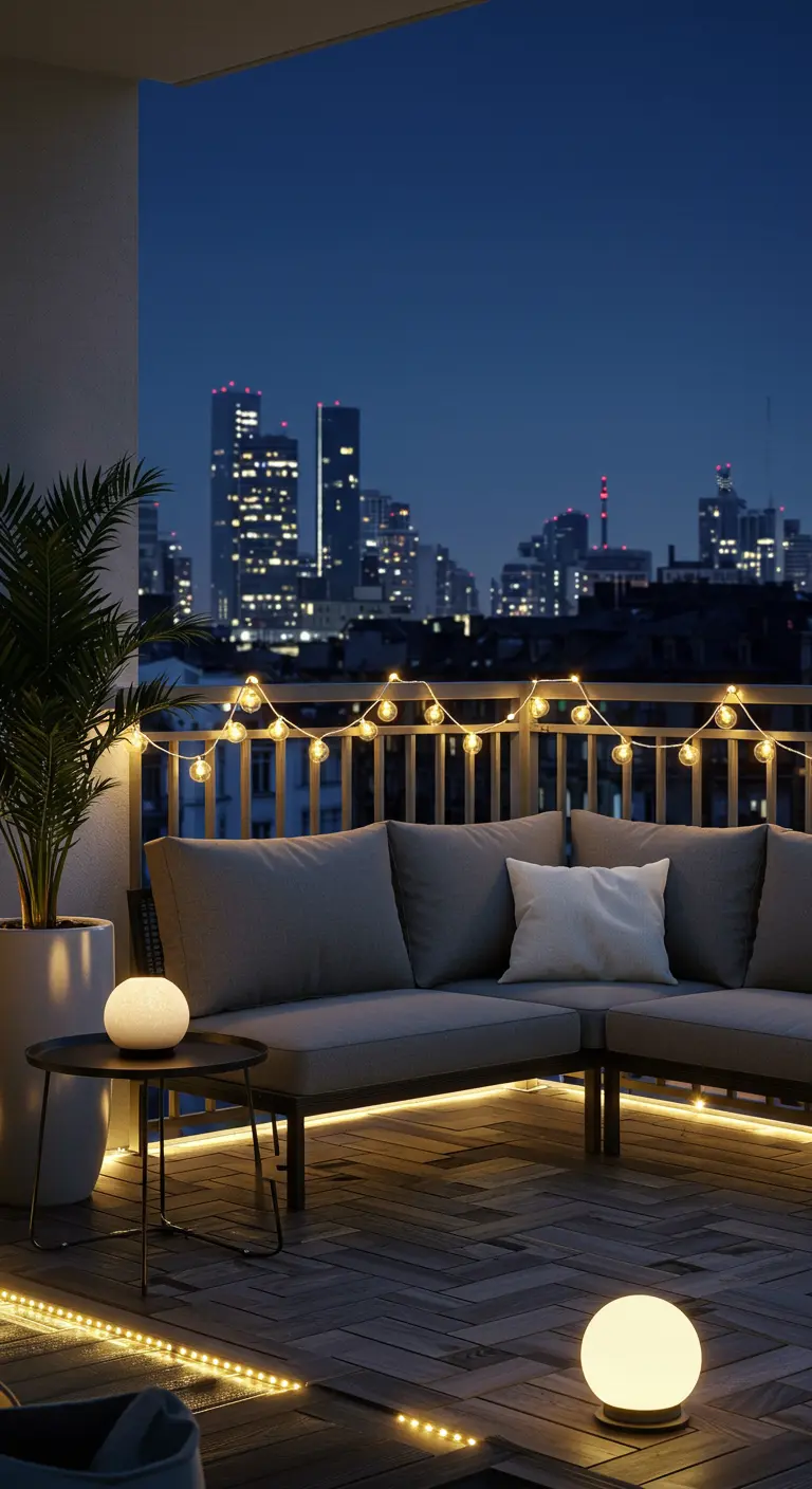 Balcon moderne avec vue sur la ville, canapé d'angle, guirlandes lumineuses et éclairage LED sous le mobilier.