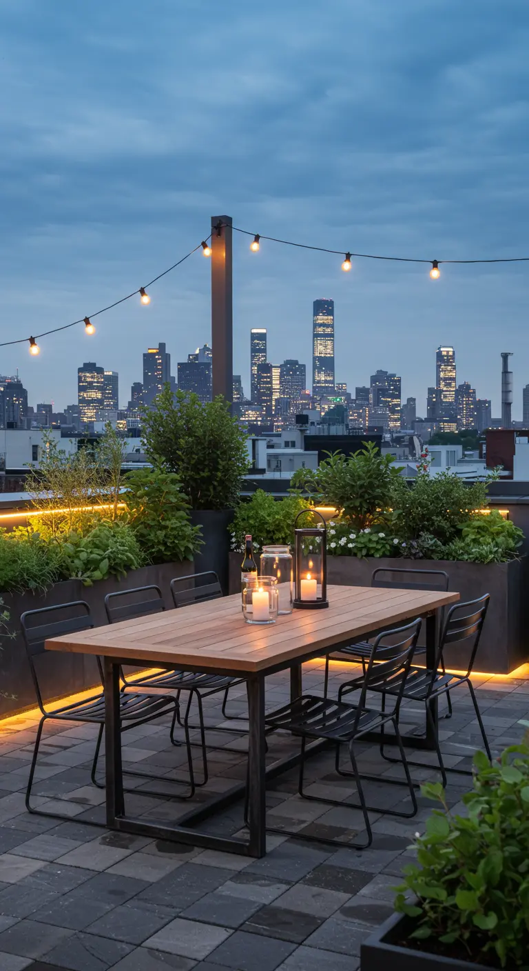 Terrasse sur le toit avec table à manger, chaises en métal, jardinières lumineuses et skyline.