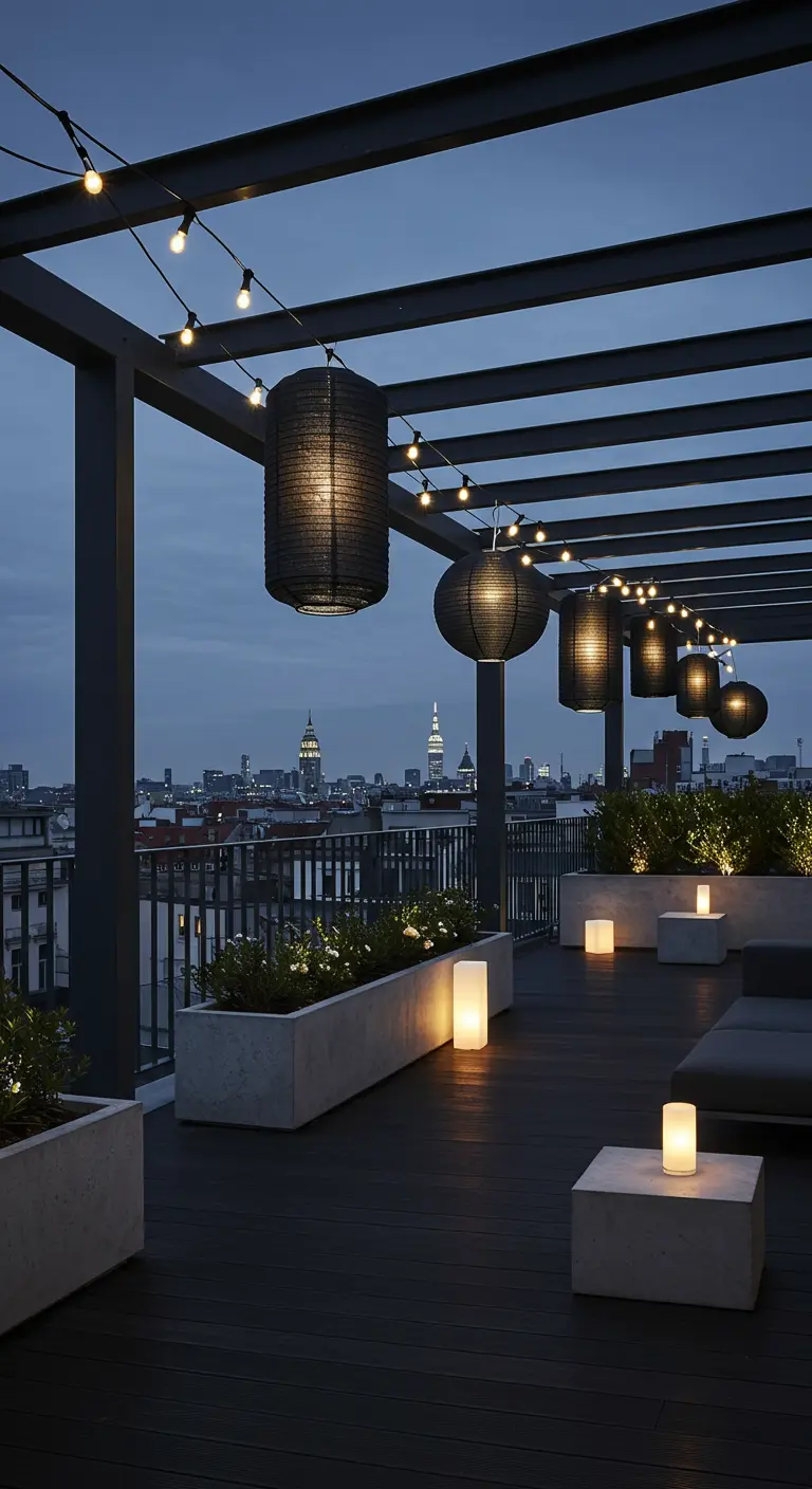 Terrasse de toit avec vue sur la ville, lampions foncés, guirlandes lumineuses et jardinières éclairées.