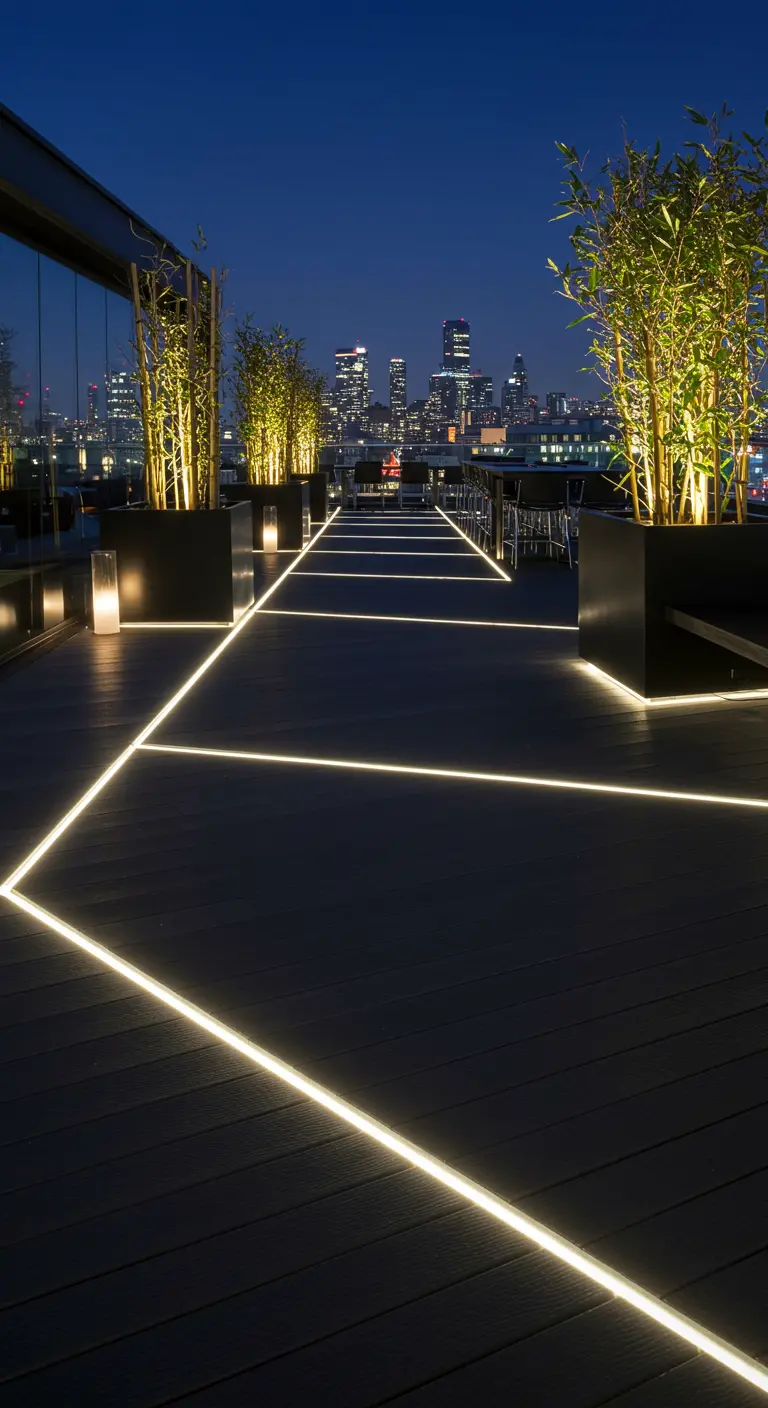 Toit-terrasse moderne avec des lignes LED intégrées dans le decking, vue sur la ville nocturne.