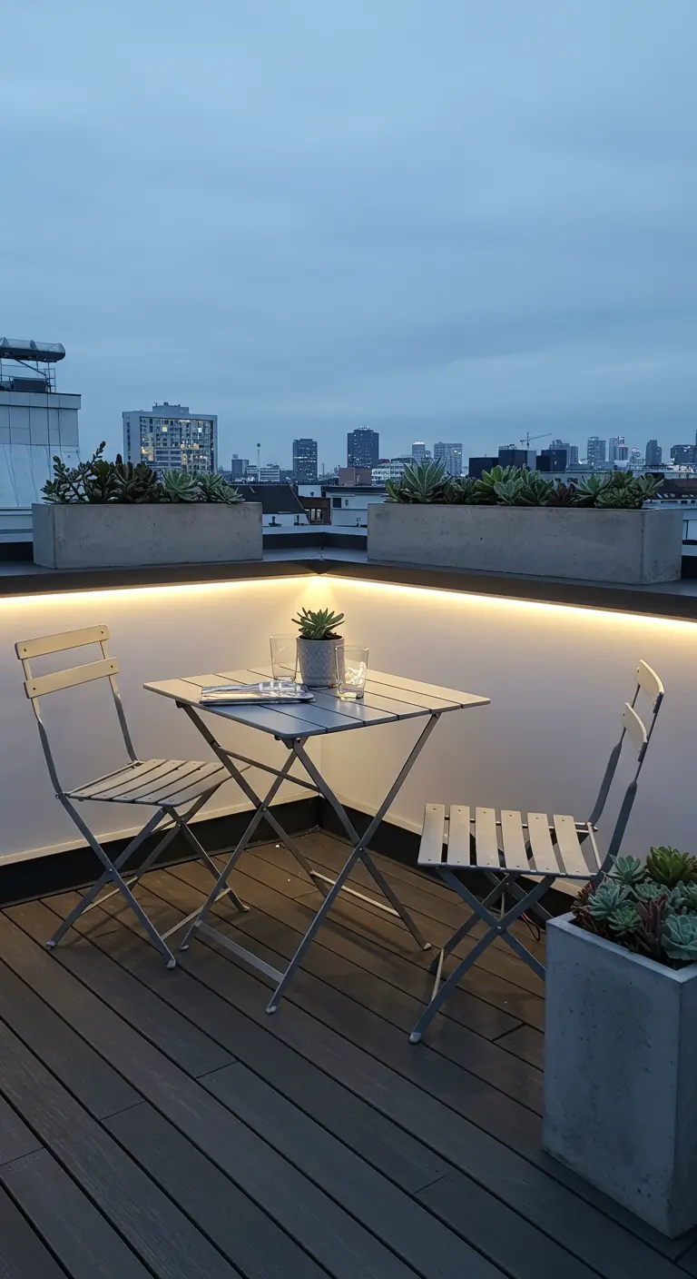 Terrasse urbaine avec vue sur la ville, mobilier pliant gris, lumières LED et jardinières de succulentes.