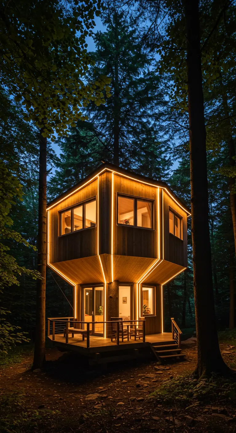 Cabane perchée moderne dans la forêt, éclairée par des rubans LED soulignant ses contours la nuit.