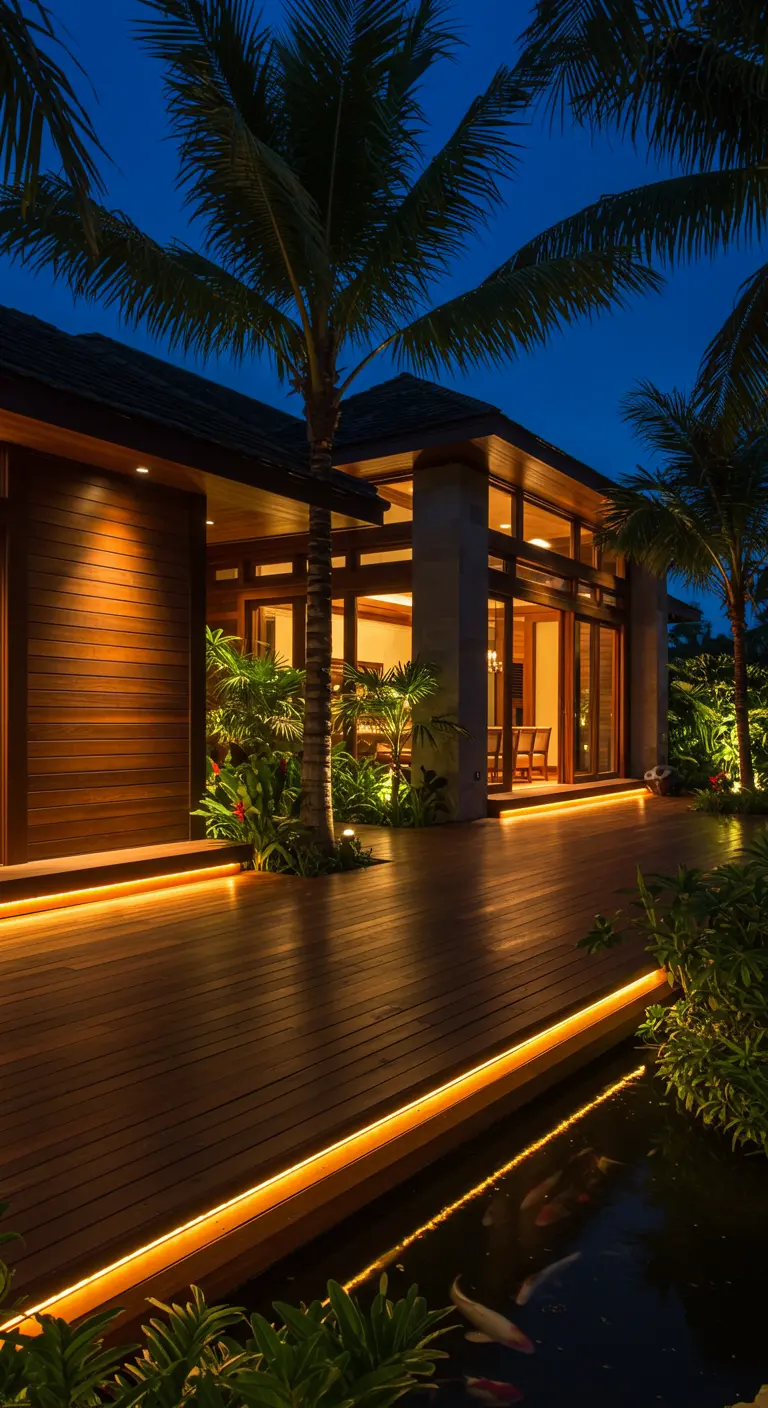 Maison moderne avec grande terrasse en bois éclairée par des bandes LED intégrées et végétation luxuriante.
