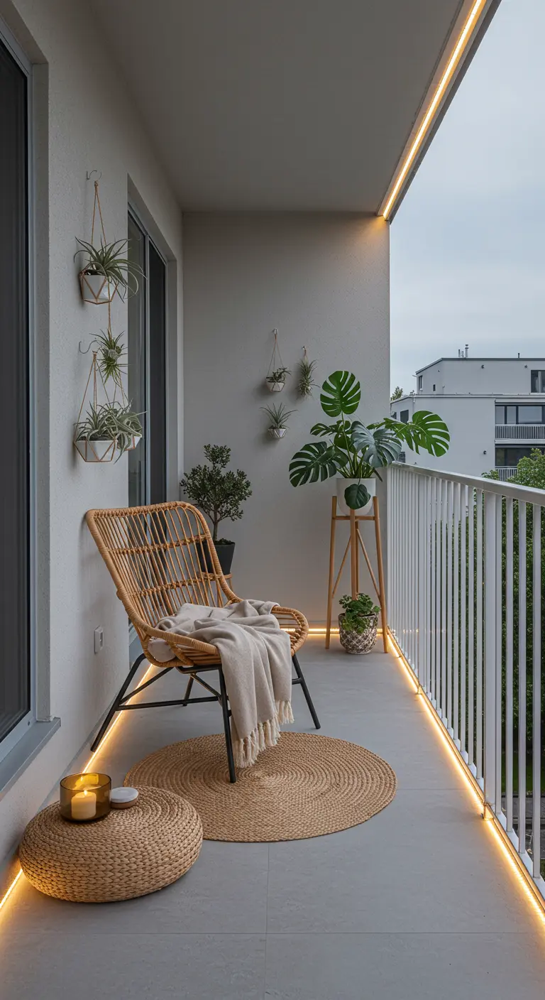 Balcon minimaliste avec chaise en rotin, pouf tressé et éclairage LED sous la main courante.