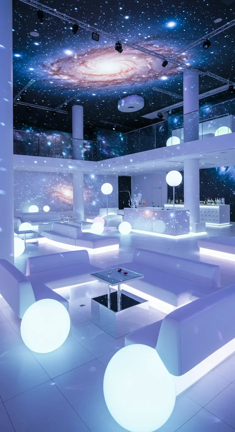 Intérieur moderne blanc avec mobilier lounge, boules lumineuses et projections de galaxies.