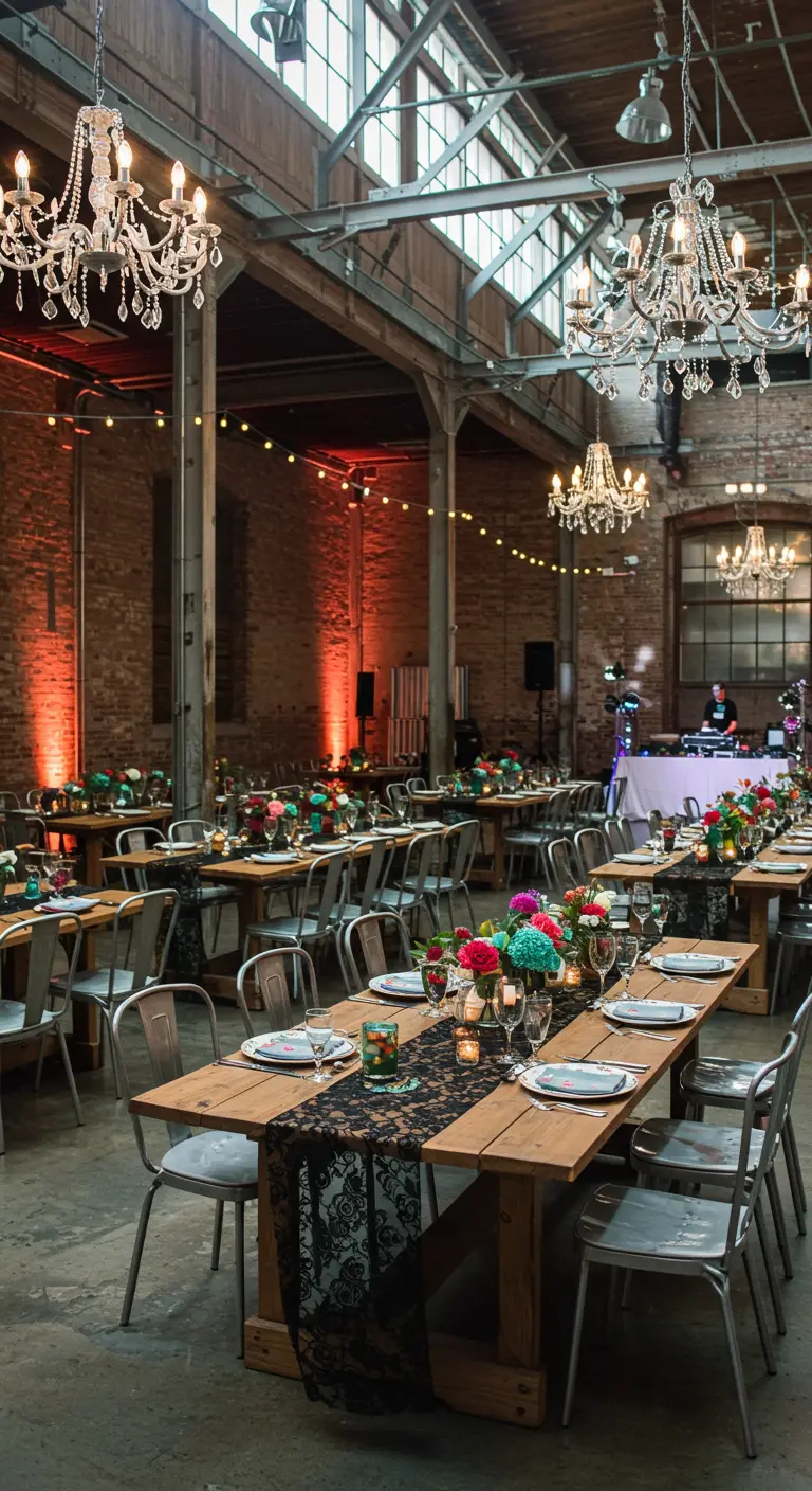 Salle de réception industrielle avec tables en bois, chemins de table en dentelle noire, lustres.