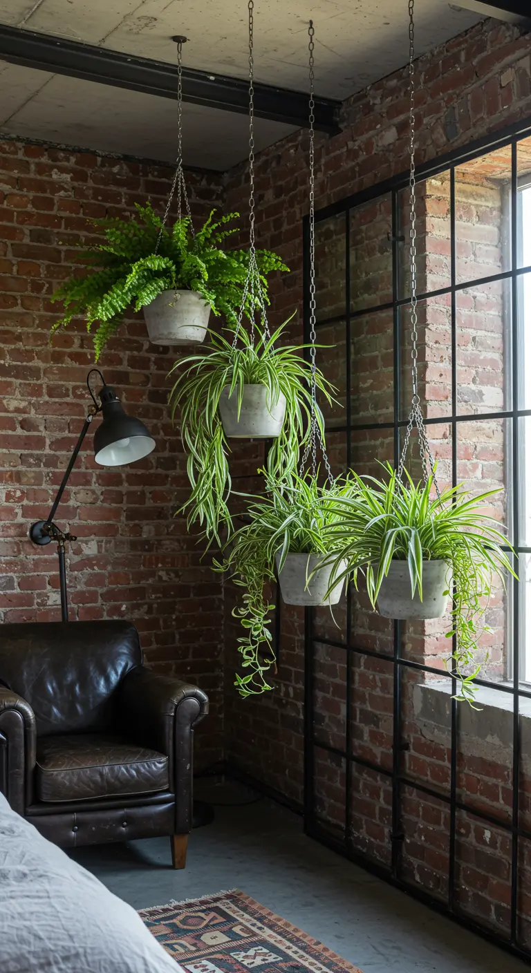 Trois grandes plantes en pots suspendus en béton avec chaînes, devant une fenêtre de style industriel.