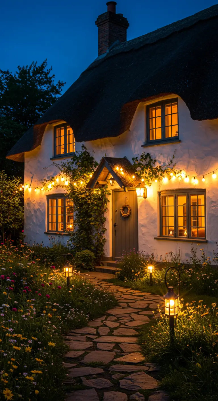 Maison chaumière avec guirlandes lumineuses, lanternes sur le chemin et jardin fleuri la nuit.