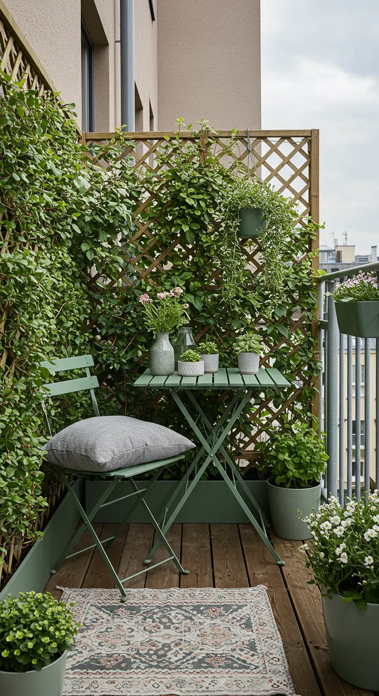 Balcon verdoyant avec treillis végétalisé, mobilier bistrot vert et tapis à motifs.