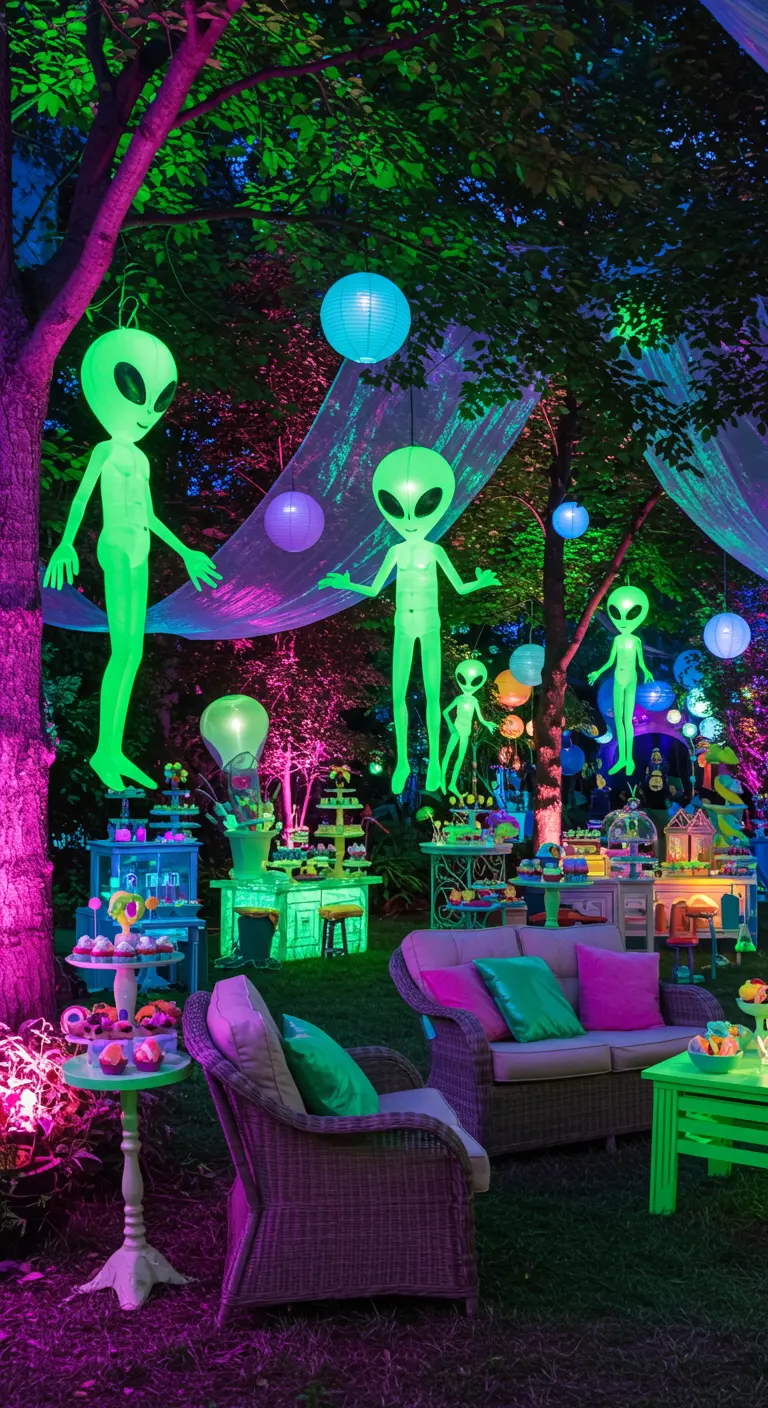 Jardin extérieur décoré d'aliens lumineux, lanternes colorées et éclairage vert/violet.