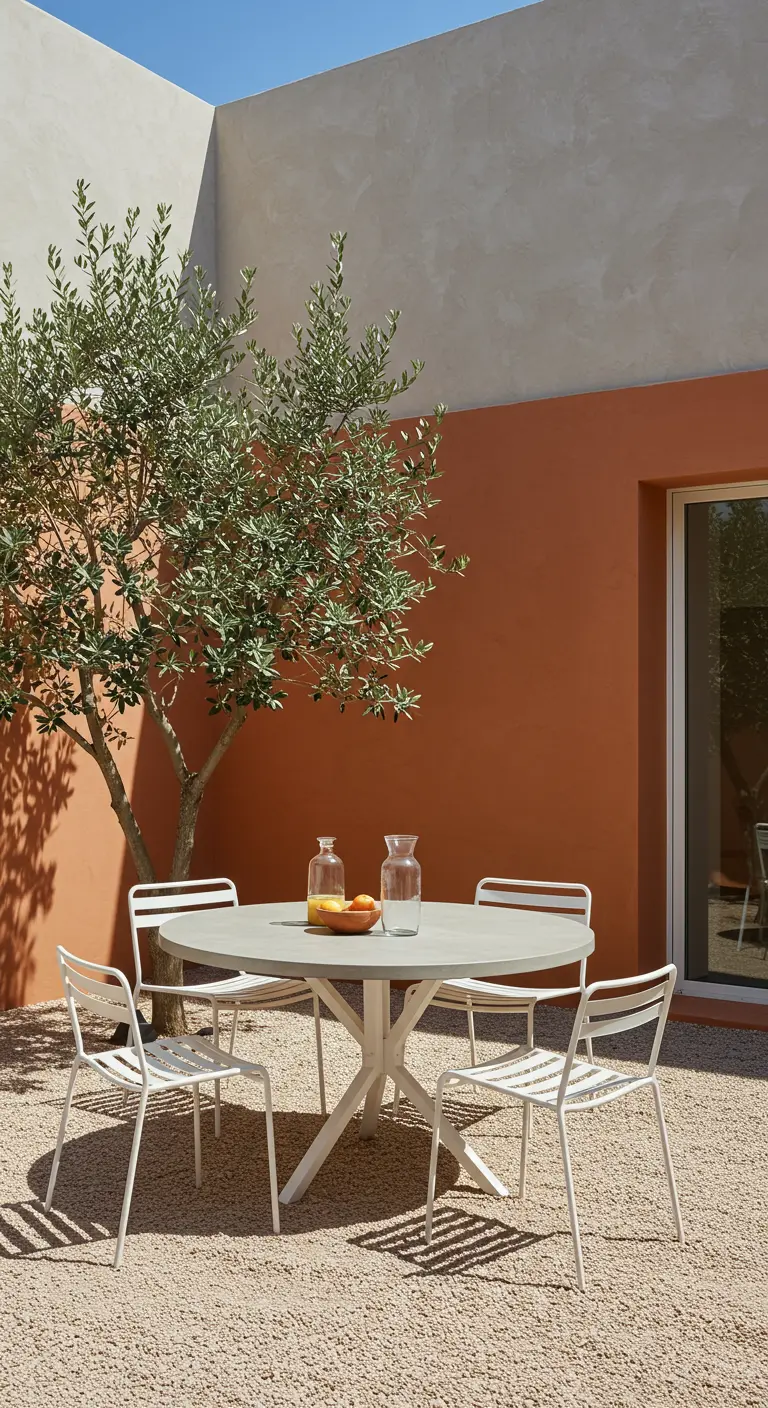 Table ronde en béton et chaises en acier blanc près d'un olivier et d'un mur couleur terracotta.