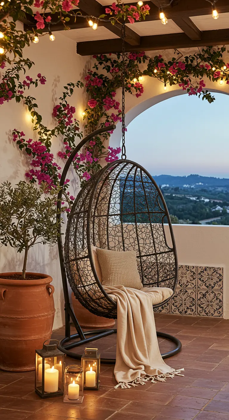 Fauteuil œuf sombre sur une terrasse méditerranéenne, bougainvilliers, guirlandes et lanternes.
