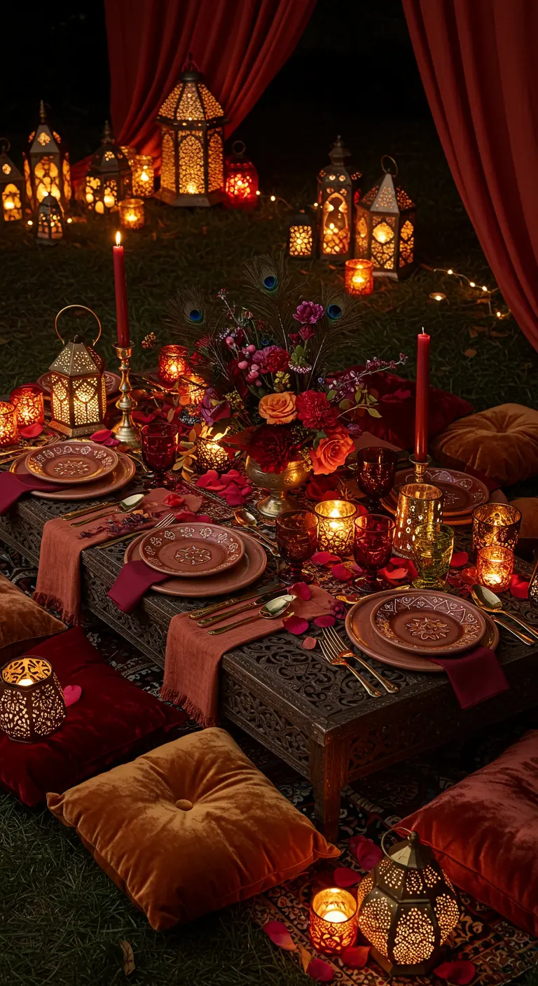 Repas oriental en extérieur avec coussins de sol, tapis, table basse sculptée et de nombreuses lanternes.