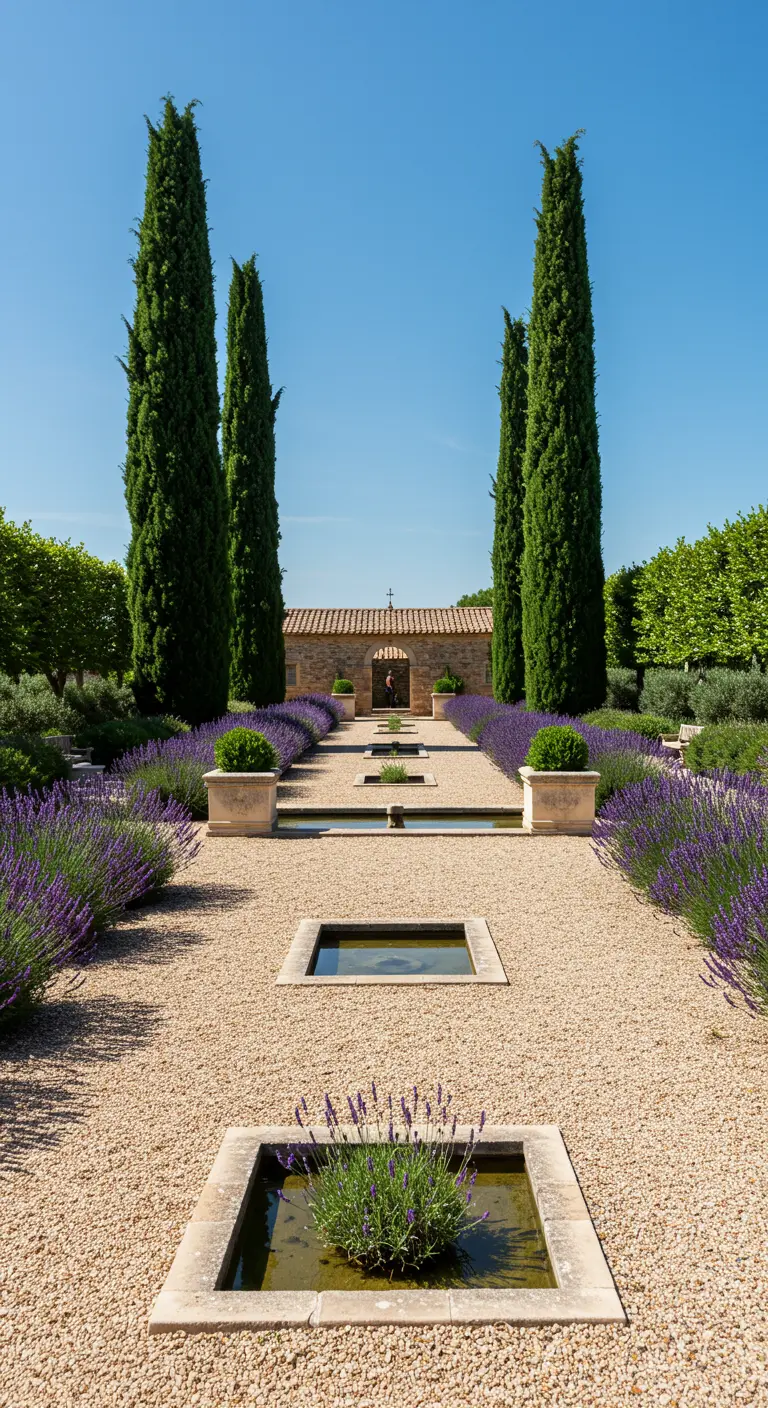 Jardin formel avec étangs, cyprès élancés et parterres de lavande sous un ciel bleu.