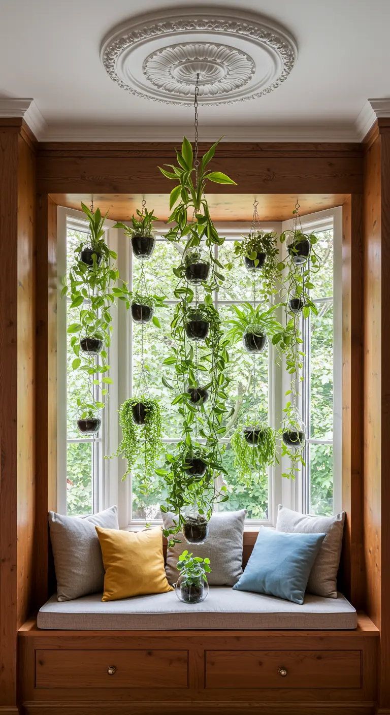 De nombreuses plantes retombantes en pots de verre suspendus devant une grande baie vitrée dans un salon.