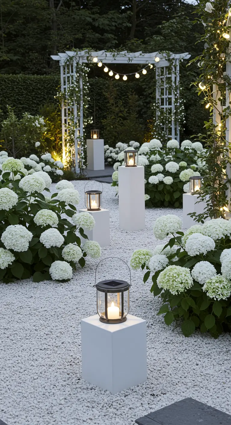 Jardin blanc avec hortensias, arceaux et lanternes solaires sur socles, éclairé par une guirlande lumineuse.
