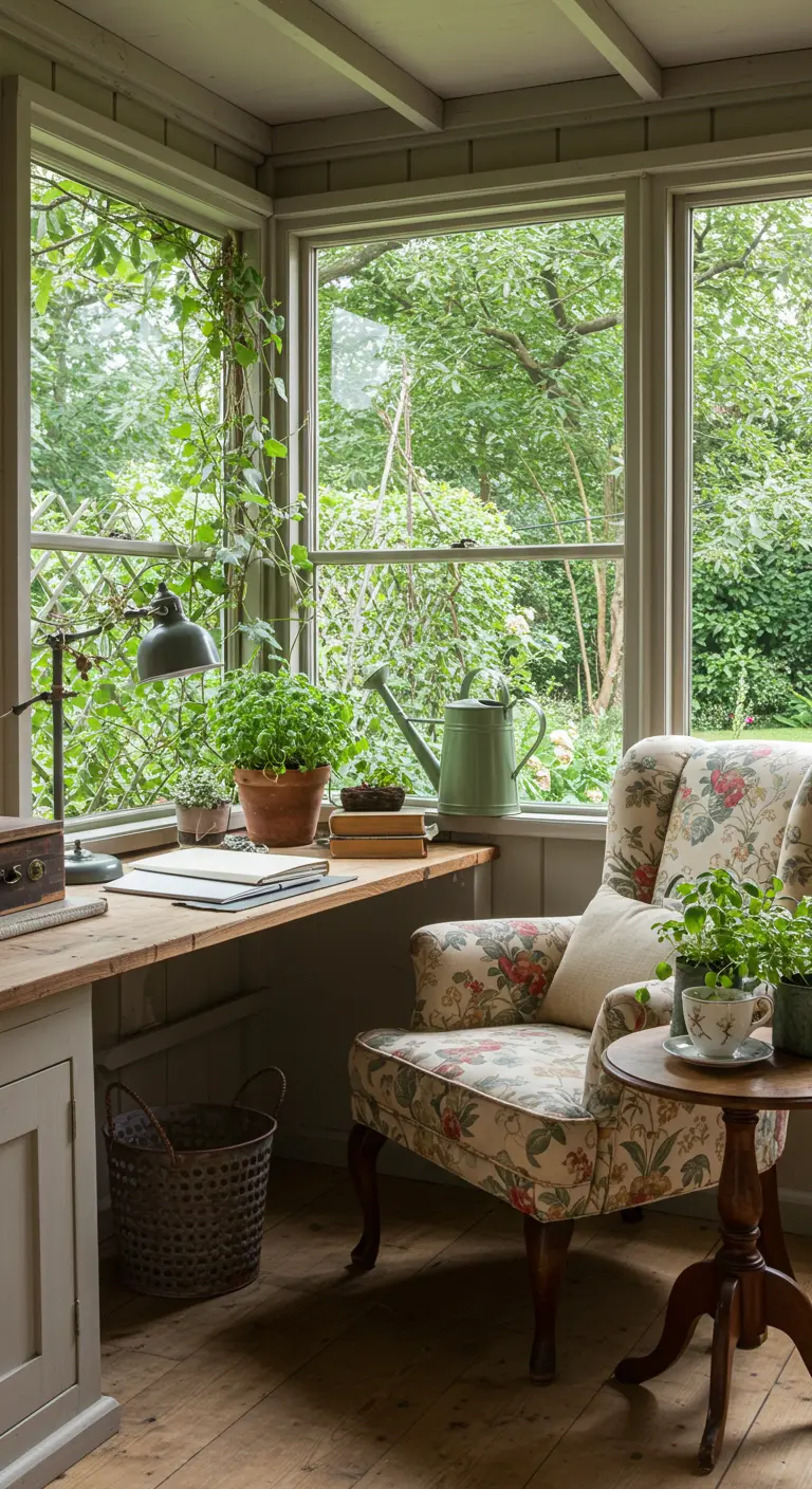 Bureau de jardin d'hiver avec plantes grimpantes, herbes aromatiques et fauteuil fleuri.