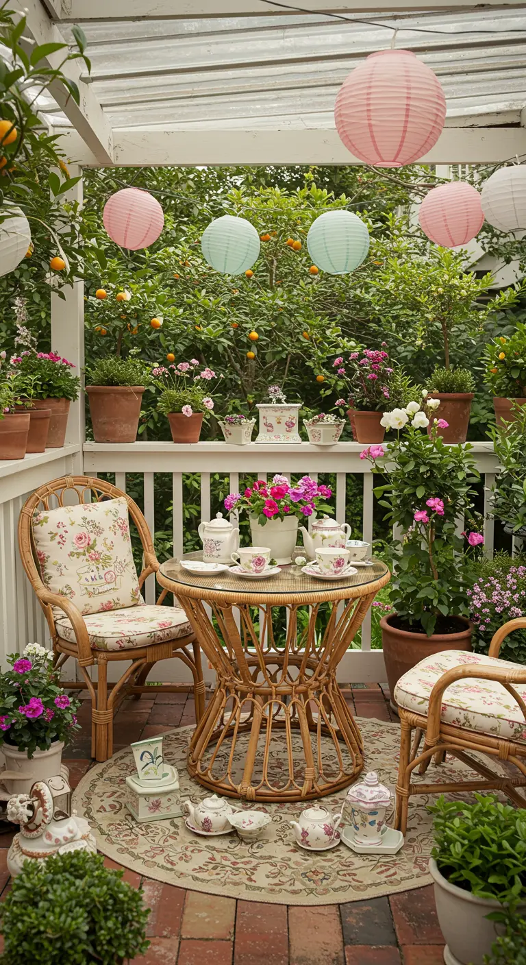 Véranda florale avec salon de thé en rotin, coussins fleuris, lampions pastel et plantes en pots.