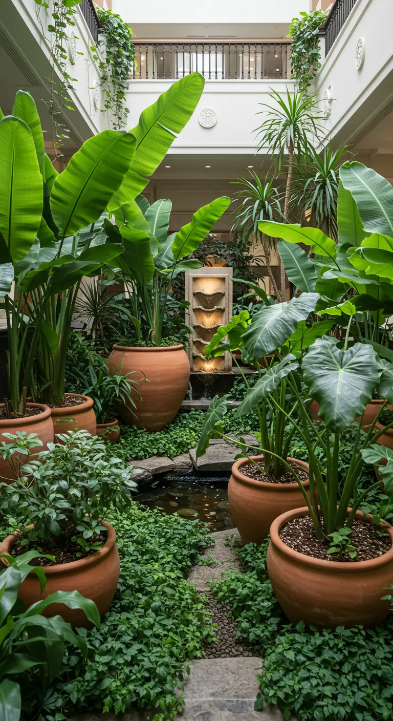 Jardin intérieur avec fontaine, plantes tropicales et pots en terre cuite.